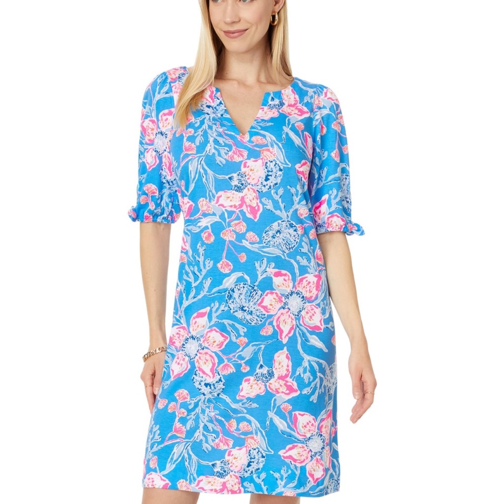 Lilly Pulitzer Blue Floral Shift Dress with Pink Accents